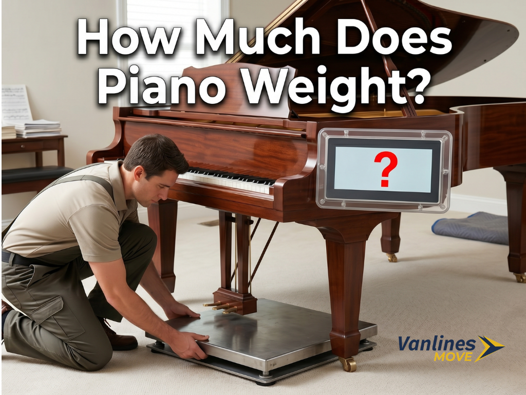 Infographic detailing the average weight of various pianos, such as grand, upright, and digital models.